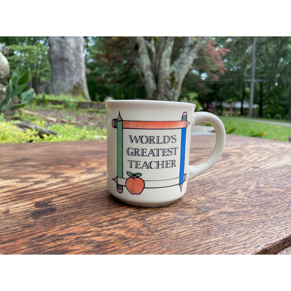 Vintage "World's Greatest Teacher" Mug, Pencil Border, Apple